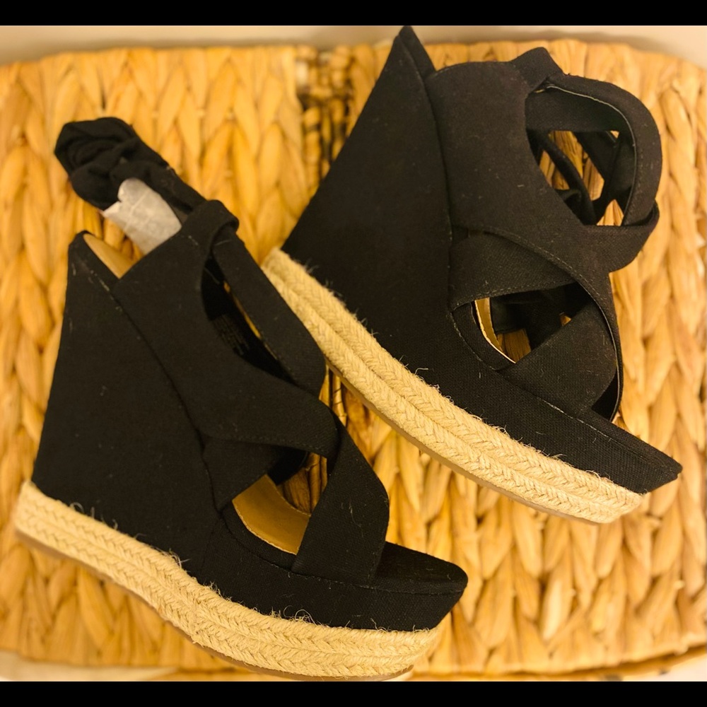 Ankle wrap espadrille wedges. Black upper, natural lower wedge.